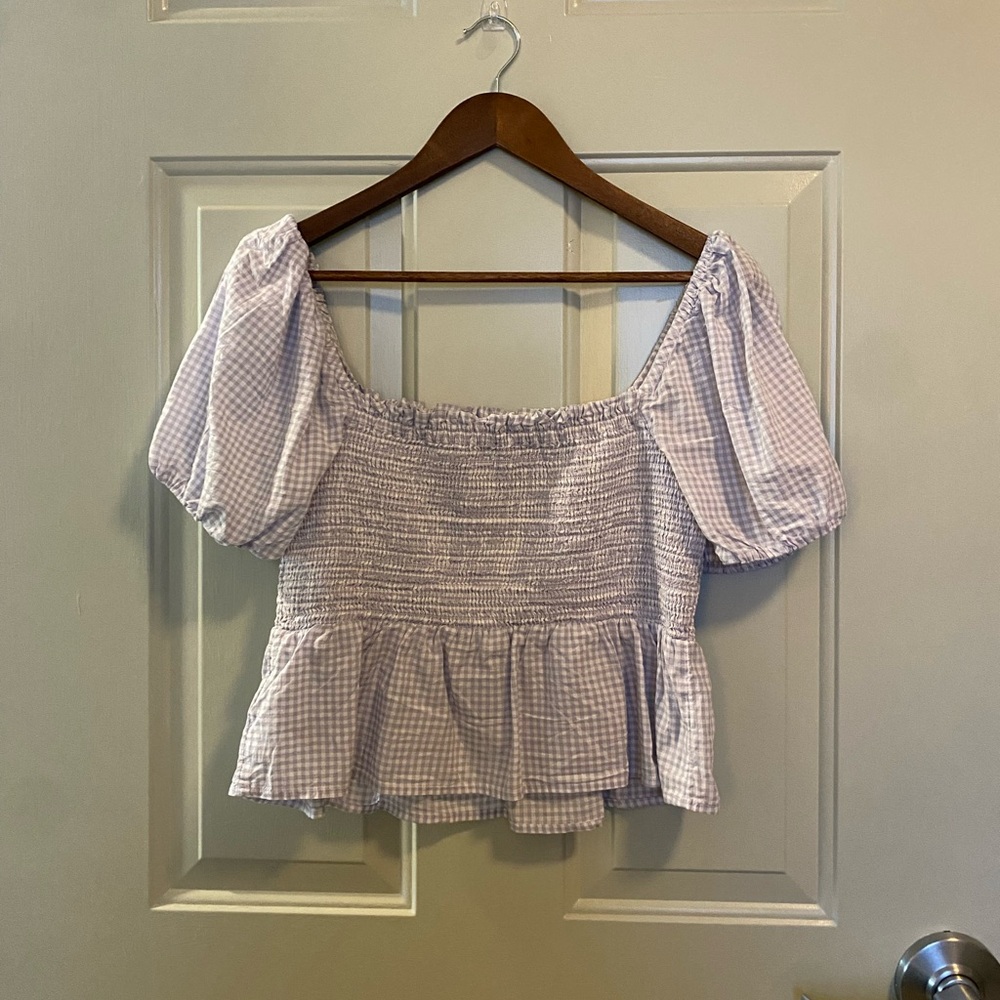 J.Crew puff sleeve, purple and white gingham top.